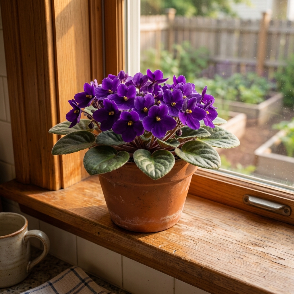 Purple African violets blooming on a kitchen windowsill