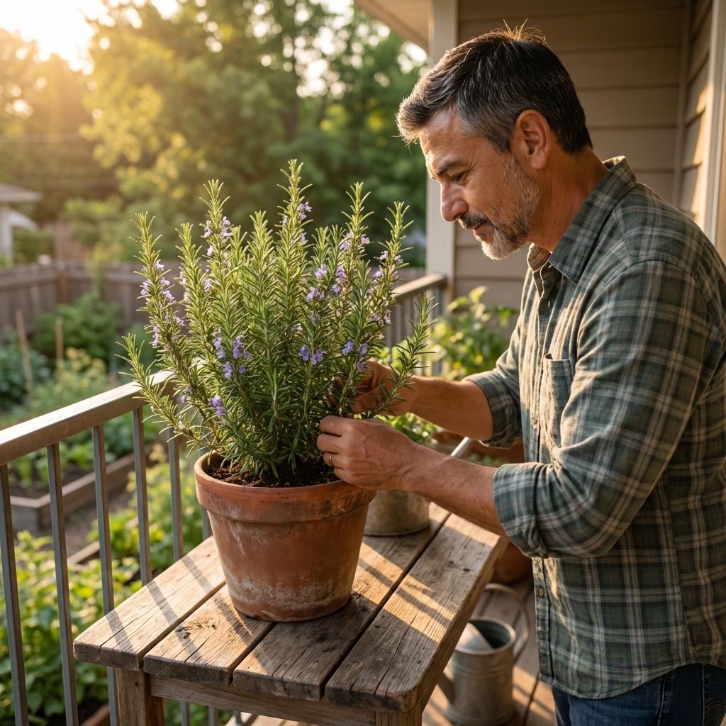 Rosemary plant in a clay pot on a sunny balcony