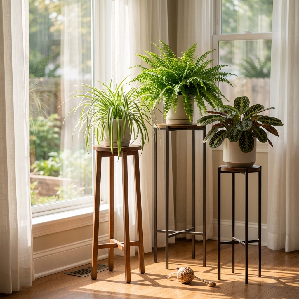 Several cat-safe houseplants arranged on tall plant stands near a bright window