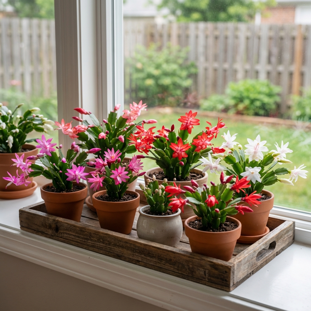 Several small Christmas cactus pots grouped on a shallow tray near a window