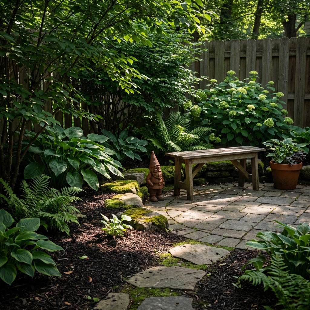 Shady backyard area under shrubs near a patio