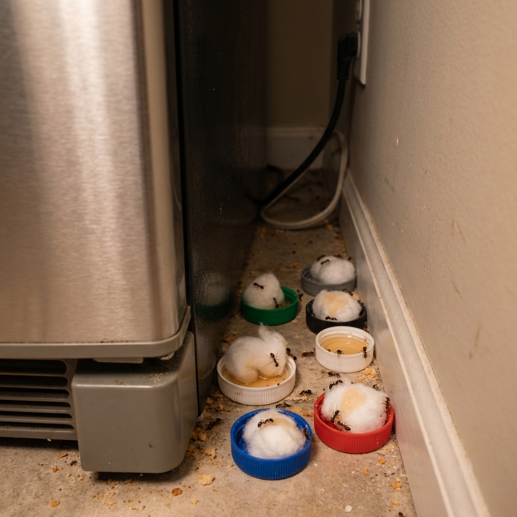 Small bait stations made from bottle caps with cotton soaked in sugar water placed behind a kitchen appliance