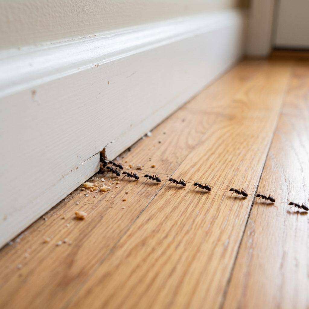 Small black ants entering through a narrow crack near a baseboard