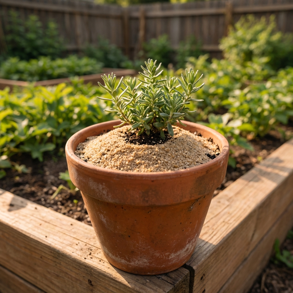 Small potted plant with a thin layer of coarse sand covering the soil surface