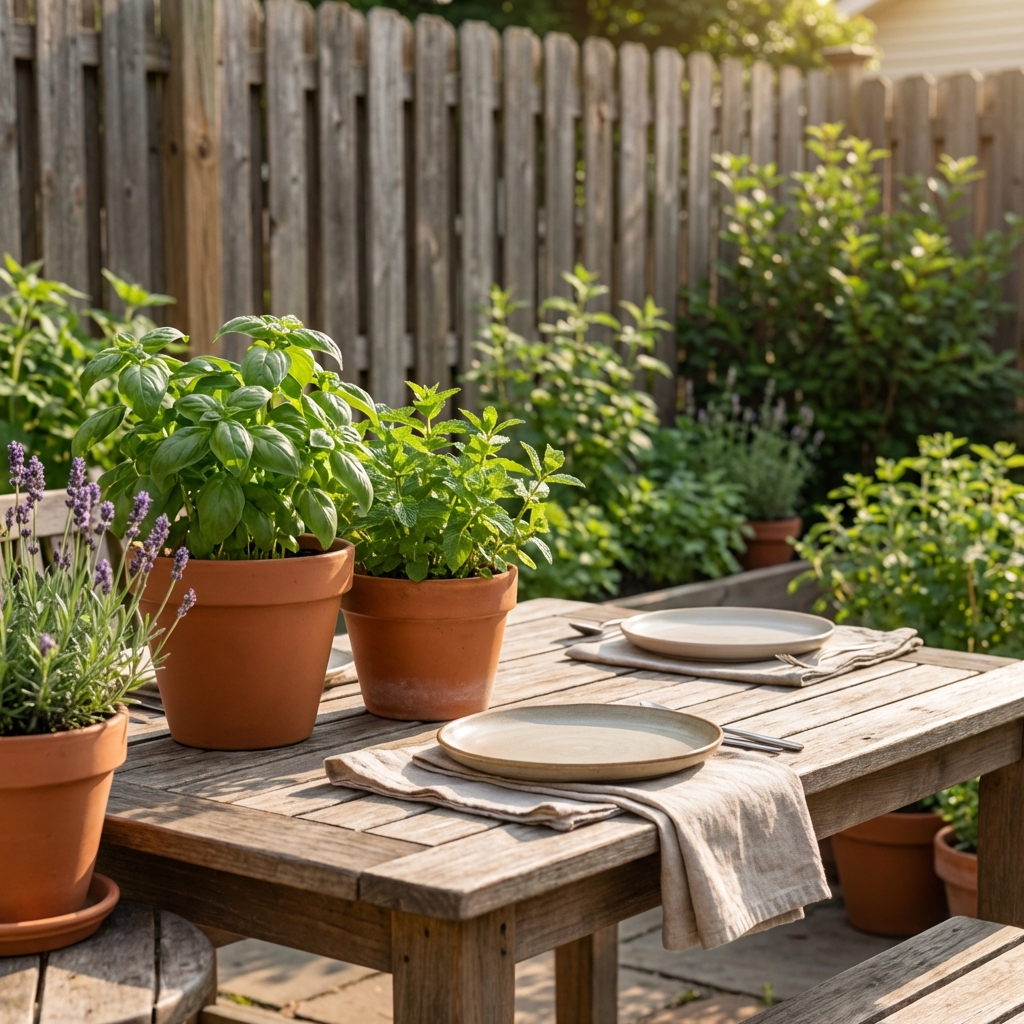 Sunny patio with potted basil, mint, and lavender placed near an outdoor dining table