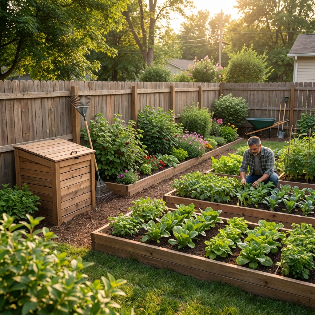 Tidy backyard garden with a closed compost bin and trimmed vegetation along a fence