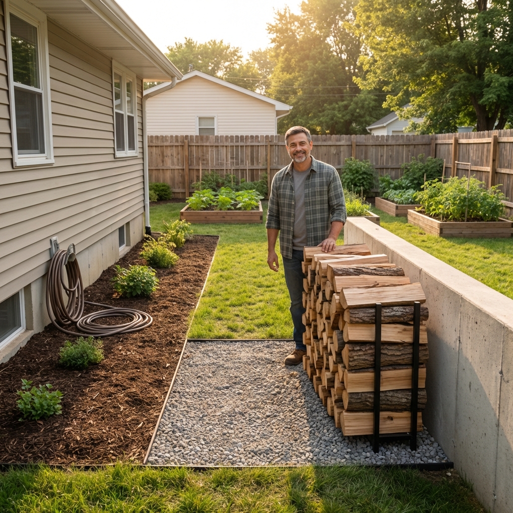 Tidy home exterior with a woodpile moved away from the house foundation