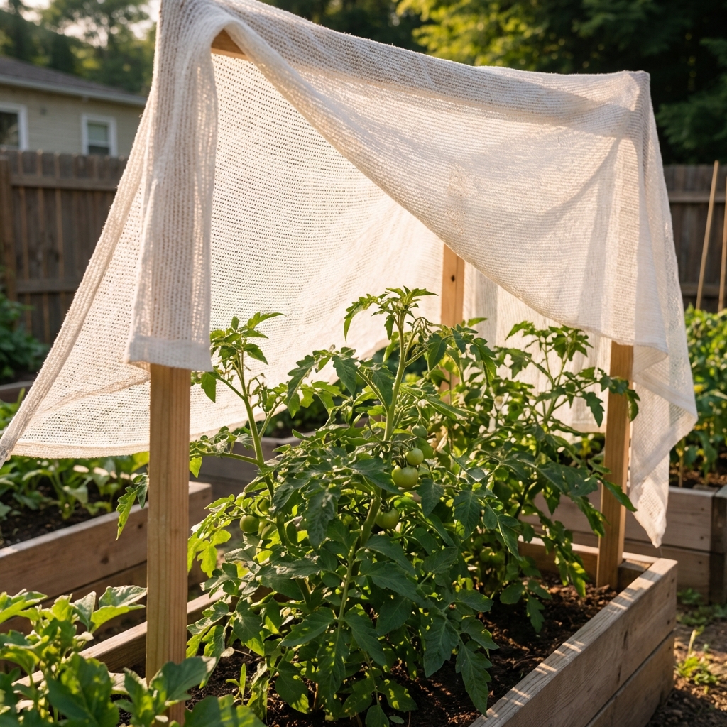 Tomato plant under a lightweight shade cloth in a sunny garden