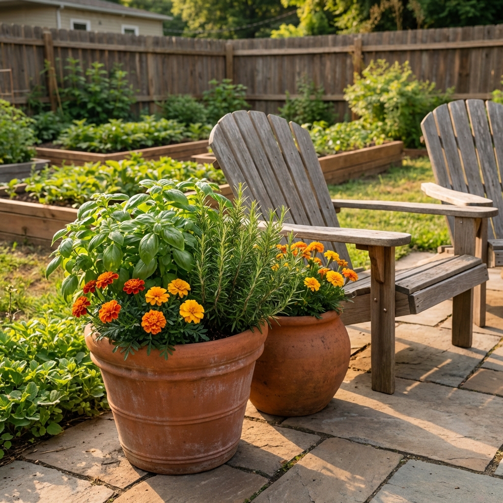 Two large patio containers filled with basil, rosemary, and marigolds beside outdoor chairs