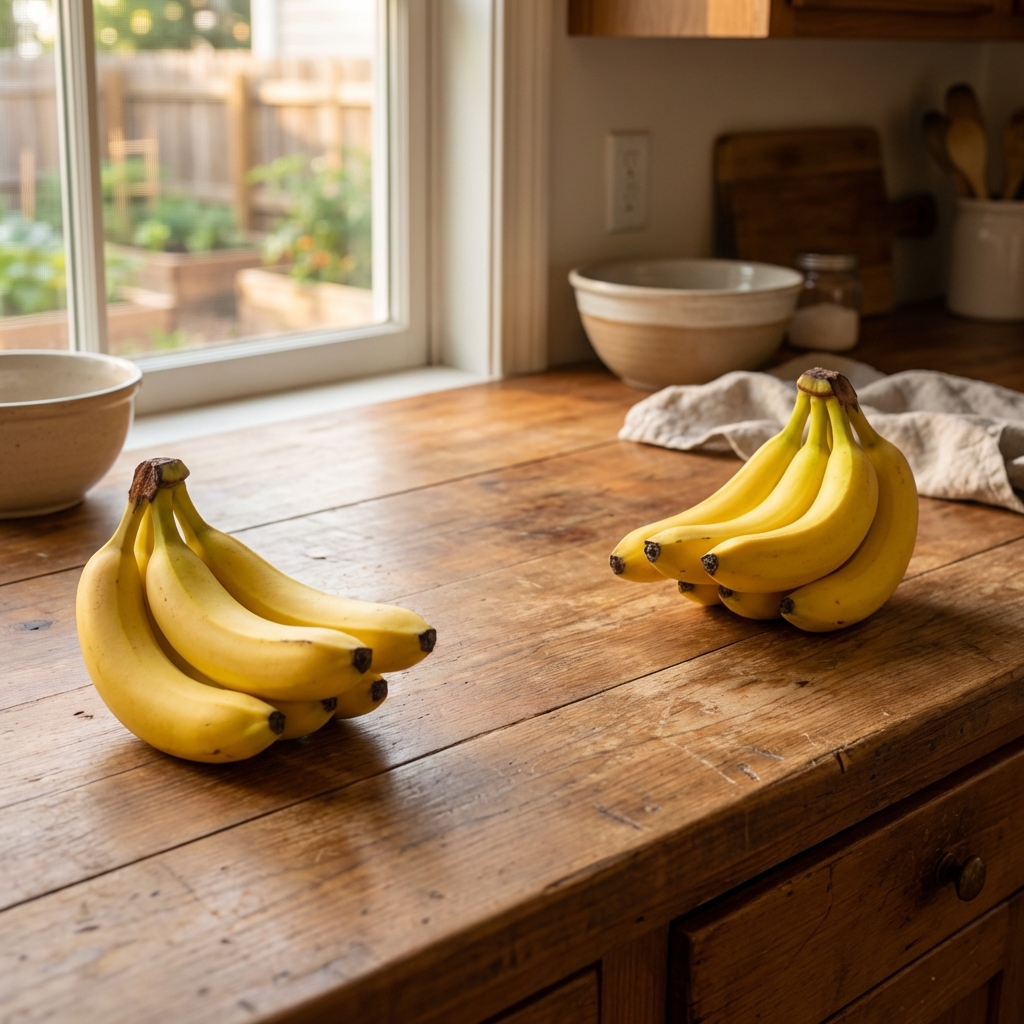 Two small clusters of bananas separated on a kitchen counter with space between them