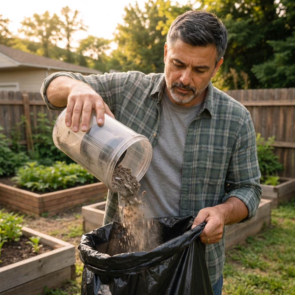 Vacuum canister being emptied into a trash bag outdoors