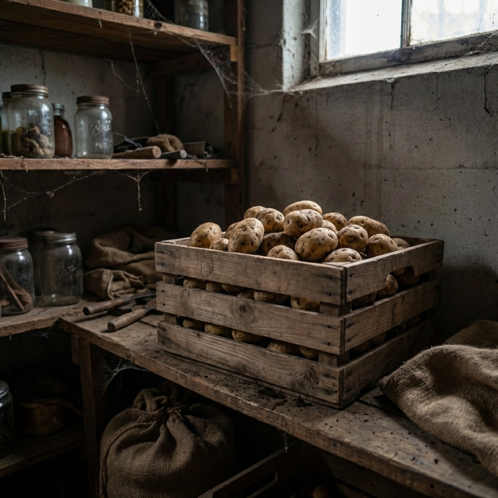 Ventilated wooden crate of potatoes on a basement shelf in low light