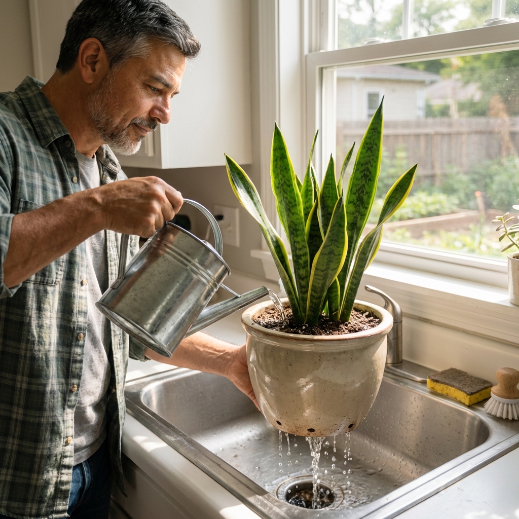 Water being poured into a snake plant pot in a sink with water draining from the bottom