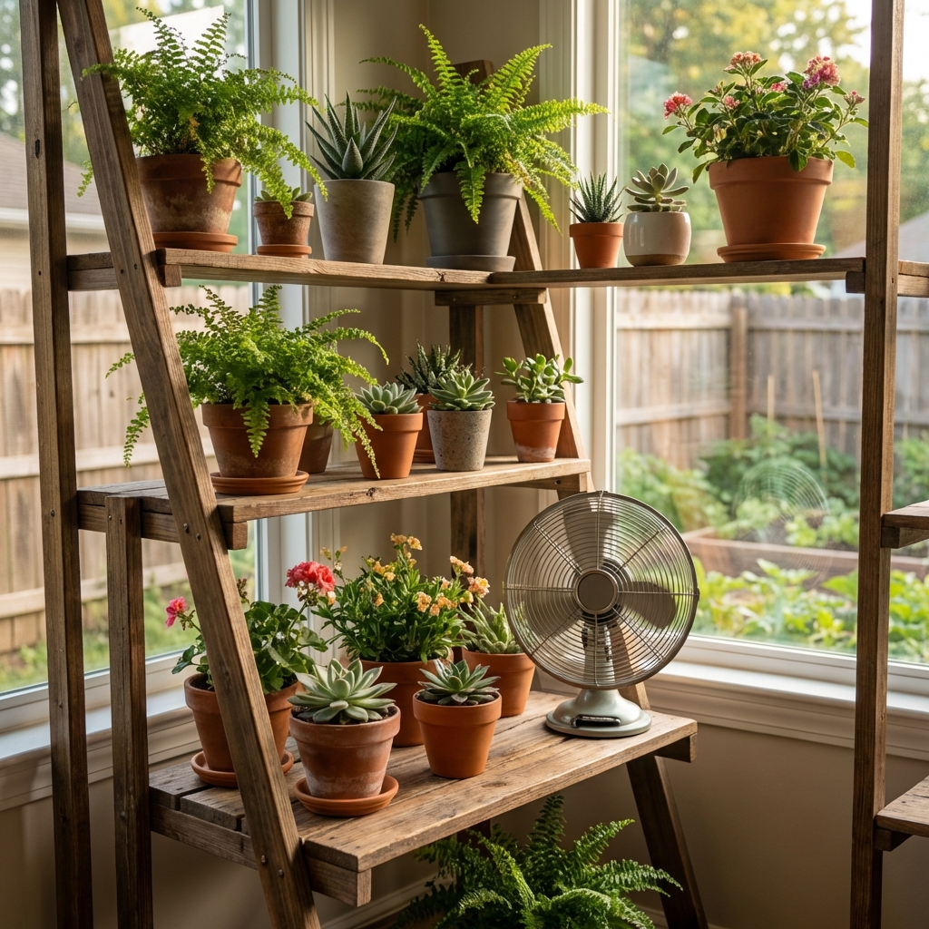 Wooden plant shelf by a window with plants arranged at different heights and a small fan nearby