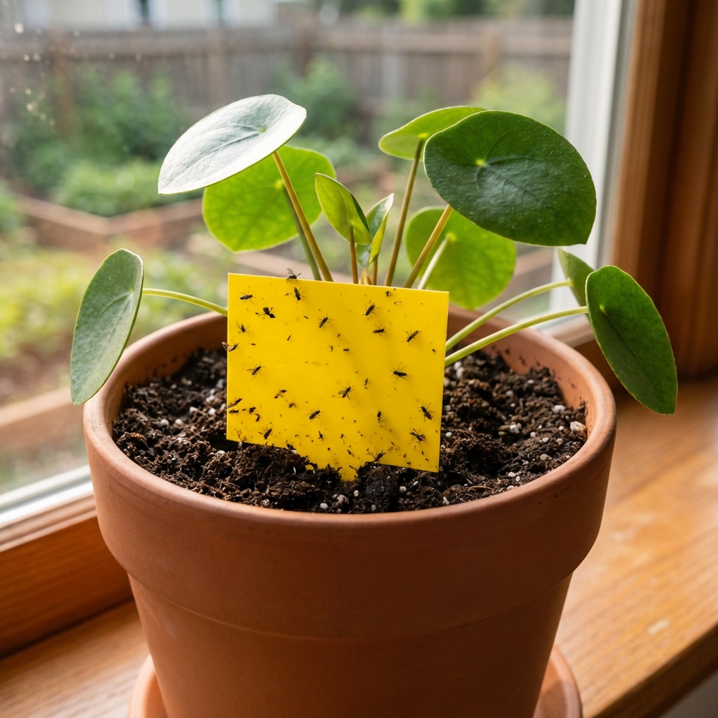 Yellow sticky trap placed in a houseplant pot with potting soil