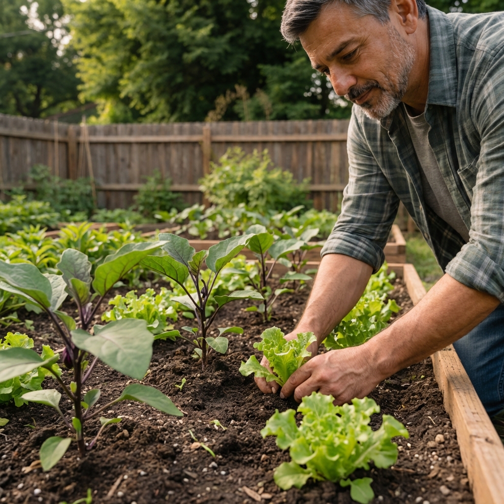 Young eggplant transplants in a garden bed with small lettuce plants growing between them